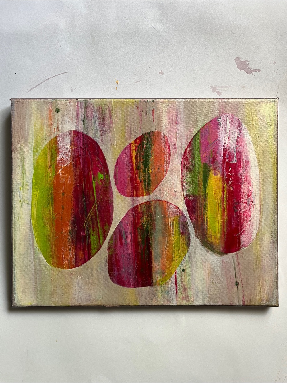 Abstract Oval Composition Canvas Wall Art - Pink & Green Handmade Original 11x14